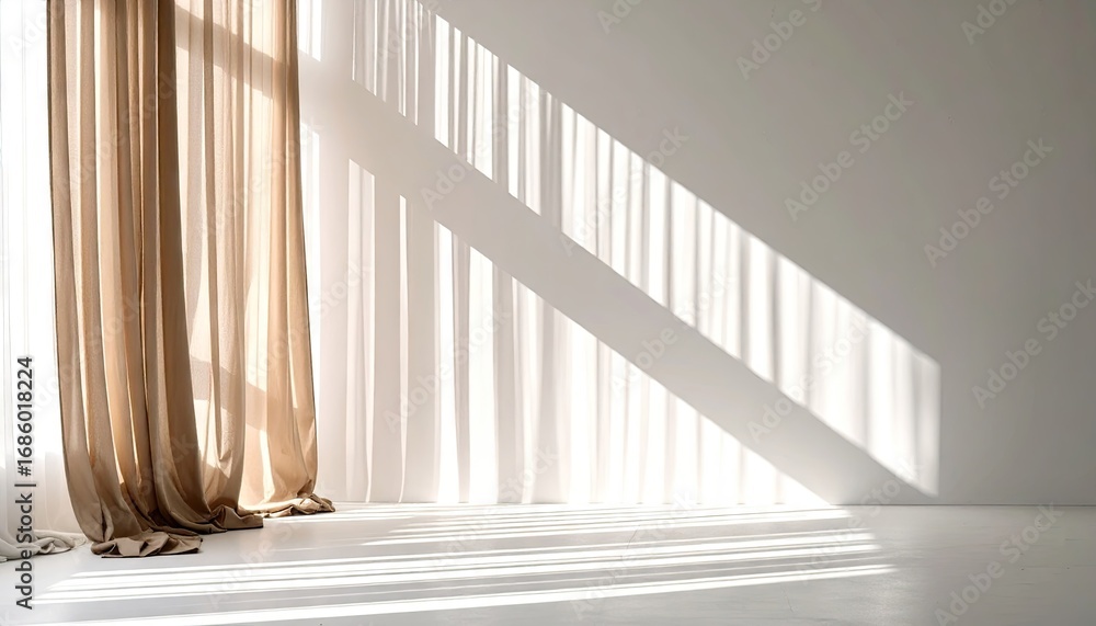 Obraz premium Beige Sheer Curtains with Sunlight Stripes on White Wall