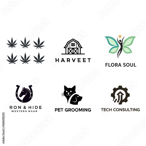 Collection of diverse logo designs: cannabis, farm barn, wellness butterfly, western horse, pet grooming, and tech consulting.