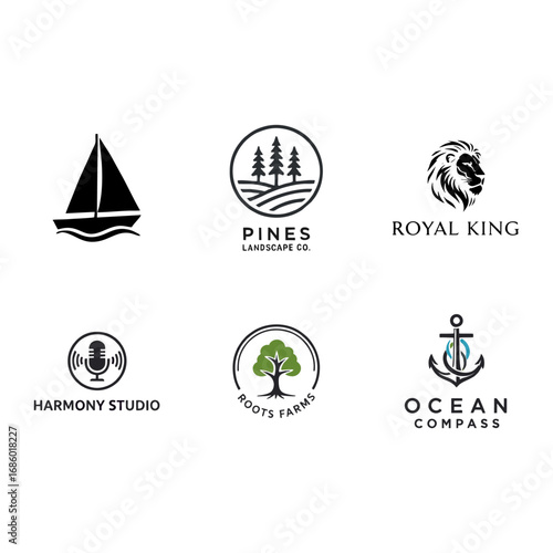 Modern minimalist vector logo designs collection featuring diverse business concepts: nautical, landscape, wildlife, audio studio, agriculture, and marine travel.