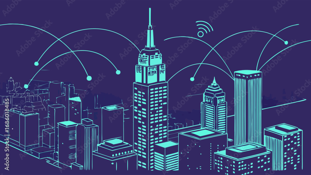 Fototapeta premium Smart City Skyline Network Connection and Urban Development Illustration.