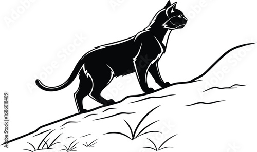 Elegant Black Cat Silhouette on a Hillside Watchfully Surveying Its Territory in a Cartoonish Style