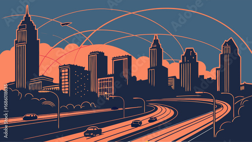 Stylized Cityscape at Dusk with Highway and Cars.