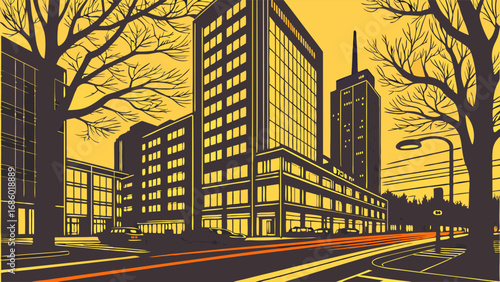 Stylized Cityscape at Dusk Urban Buildings Street Scene Evening Light Vector Illustration.