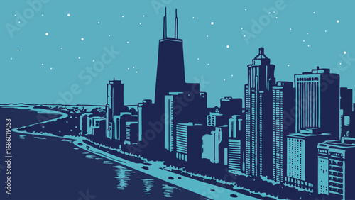 Stylized Cityscape at Night Urban Skyline Illustration Modern Architecture Night View Waterfront Blue Tones Vector Art.