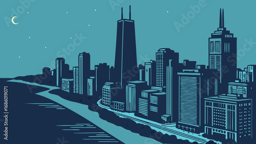 Stylized Cityscape at Night Urban Skyline Illustration Modern City Architecture Nighttime View.