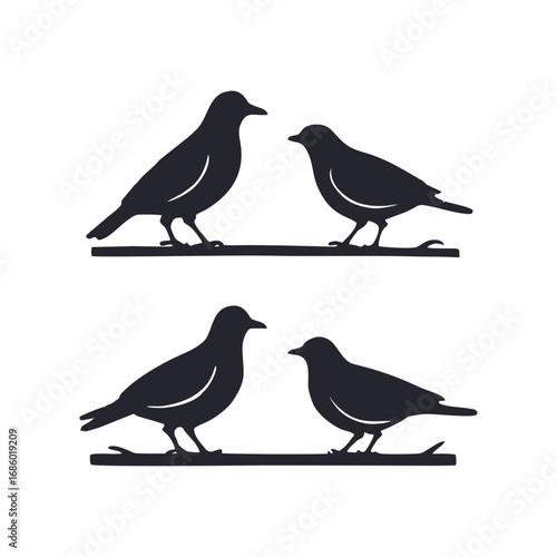 Stylized bird silhouettes on branches, black and white graphic design elements featuring two pairs of birds facing each other.