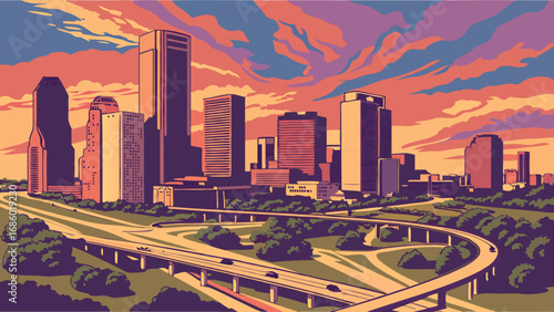 Stylized Cityscape at Sunset with Highway and Skyscrapers.