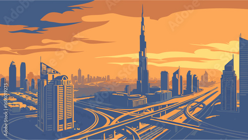 Stylized Cityscape at Sunset with Modern Architecture and Highway Interchange.