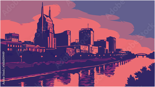 Stylized Cityscape at Sunset with River Reflection Urban Skyline Illustration Vector Art.