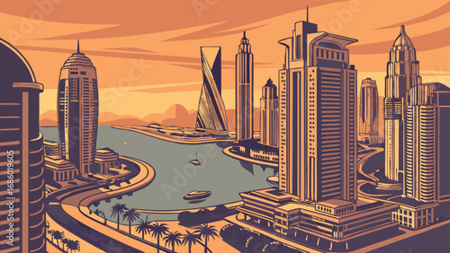 Stylized Cityscape at Sunset Modern Architecture Urban Skyline Waterfront View Palm Trees.