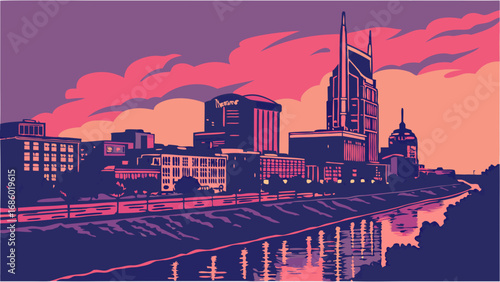 Stylized Cityscape at Sunset River Reflection Urban Skyline Illustration Vector Art Graphic.