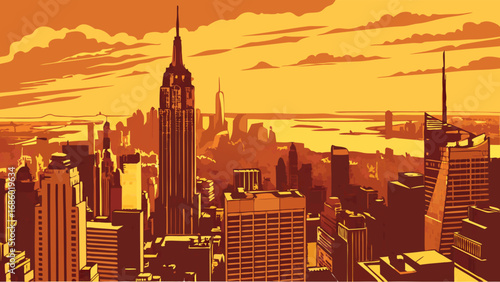 Stylized Cityscape at Sunset Urban Skyline Illustration Golden Hour City View.