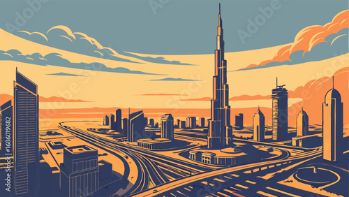 Stylized Cityscape at Sunset Urban Skyline Illustration Modern Architecture High-Rise Buildings Roads and Transportation Network.