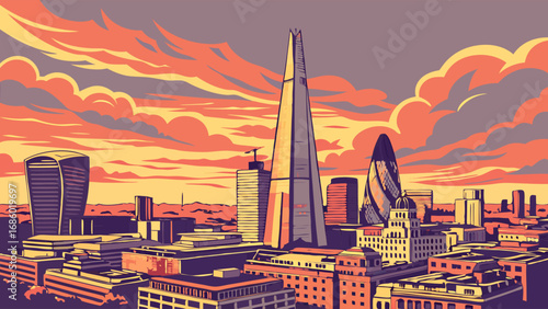 Stylized Cityscape at Sunset Urban Skyline Illustration Modern Architecture Vector Art.