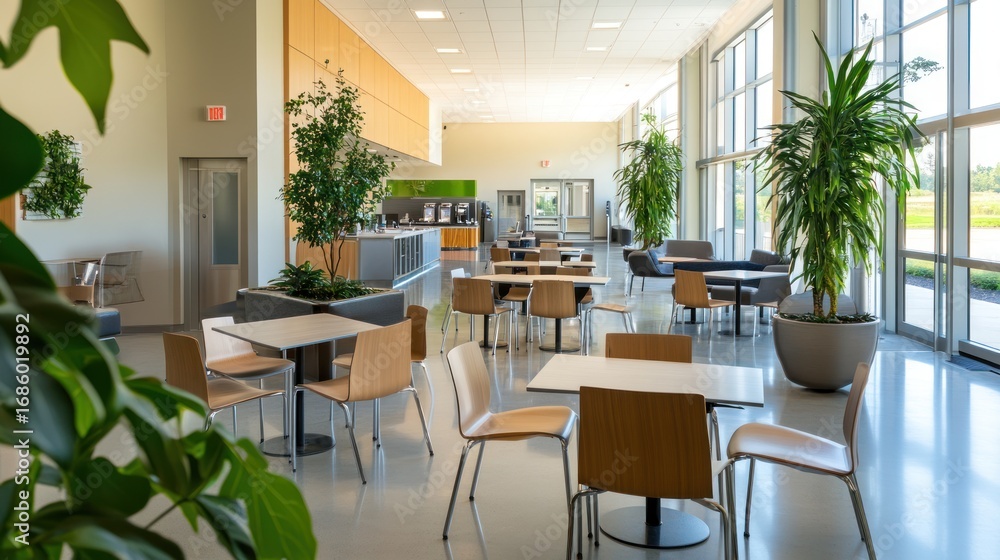 Fototapeta premium Serene Modern Office Lounge: A Bright and Inviting Workspace