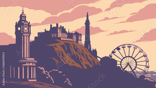 Stylized Cityscape Illustration Castle Clock Tower Ferris Wheel and Monument at Sunset.