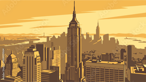 Stylized Cityscape Illustration Golden Hour Urban Skyline High-Rise Buildings Architectural Design Vector Art.