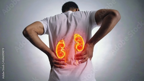 Man holding lower back in pain with a digital illustration of glowing kidneys, symbolizing kidney disease, back pain, urinary problems, renal health issues, medical diagnosis, and healthcare awareness