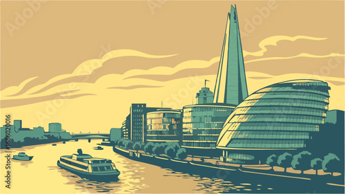 Stylized Cityscape Illustration River Modern Architecture Boats Sunset.