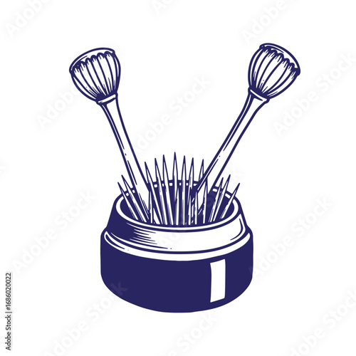 Artistic illustration of poppy seed heads and thorns in a decorative container