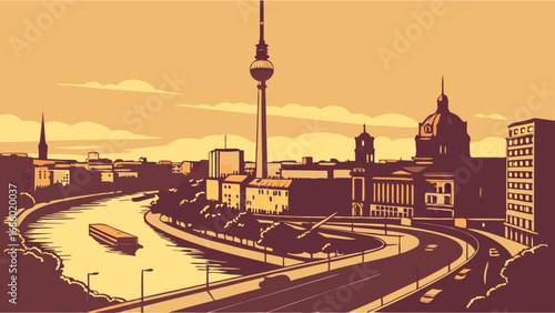 Stylized Cityscape Illustration River Tower and Urban Architecture at Sunset.