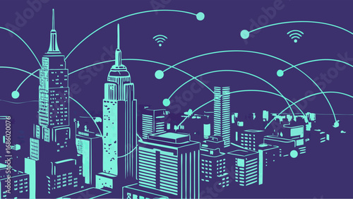 Stylized Cityscape Illustration Showing Smart City Concept with Wireless Network Connections.