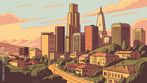 Stylized Cityscape Illustration Urban Skyline with Residential Area at Sunset.