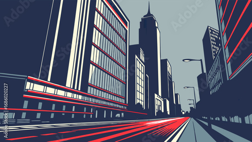 Stylized Cityscape Illustration Urban Street at Night with Tall Buildings and Red Traffic Streaks.