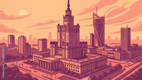 Stylized cityscape illustration modern architecture sunset skyline urban landscape vector art graphic design city buildings evening dusk orange sky cityscape background illustration urban scene archi.