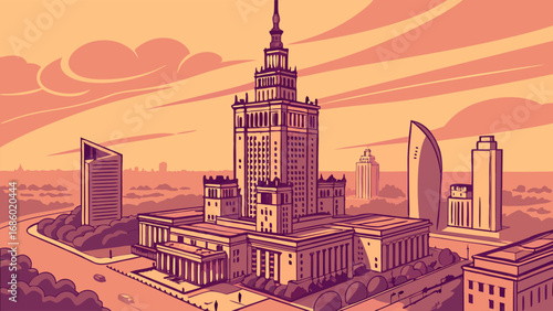 Stylized cityscape illustration modern architecture urban landscape sunset sky evening view city skyline building tower skyscraper high rise metropolis downtown urban scene architectural design vecto.