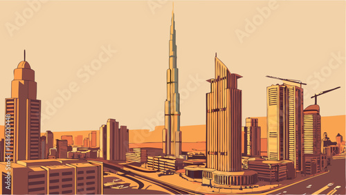 Stylized cityscape illustration modern architecture urban landscape sunset view skyscrapers city skyline architectural design urban development metropolis high-rise buildings city illustration urban .