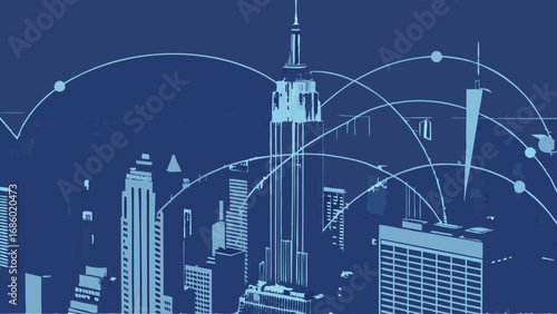 Stylized cityscape illustration skyscrapers network connection digital art abstract urban background technology concept.