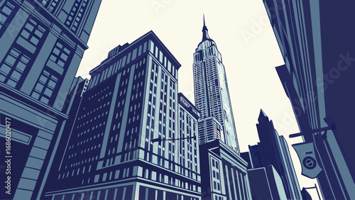 Stylized cityscape illustration skyscrapers urban architecture modern buildings city view downtown metropolis high-rise buildings architectural design building facades urban landscape city skyline bu.