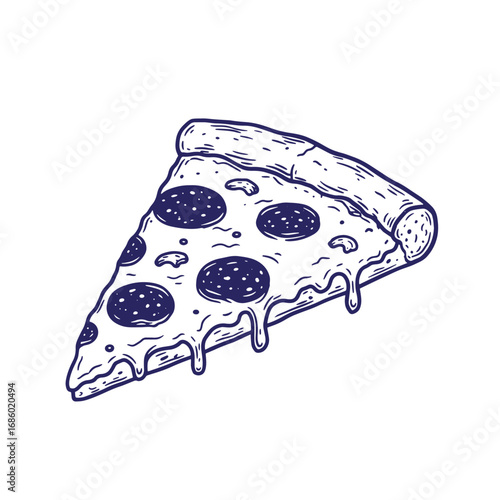 Delicious hand drawn slice of pizza with pepperoni and melted cheese in detailed illustration