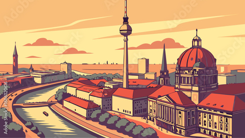 Stylized cityscape illustration urban landscape sunset view river buildings tower dome architecture travel postcard print poster tourism city urban modern retro vintage design illustration graphic ar.