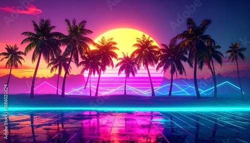 Retro sunset digital art with palm trees and neon