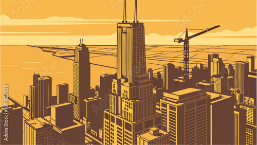 Stylized Cityscape Illustration Urban Skyline at Sunset High Rise Buildings Construction Crane Modern Architecture Vector Art City Design Brown and Yellow Tones.