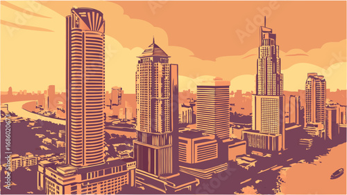 Stylized Cityscape Illustration Urban Skyline at Sunset High-Rise Buildings Architectural Design Vector Art.