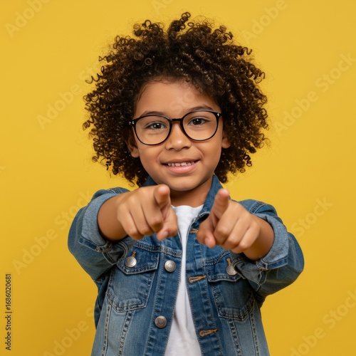 Medium close-up of a Brazilian boy with curly hair, around 8 years old, wearing glasses, a denim jacket over a white T-shirt, pointing directly at the camera with a confident and playful smile generat
