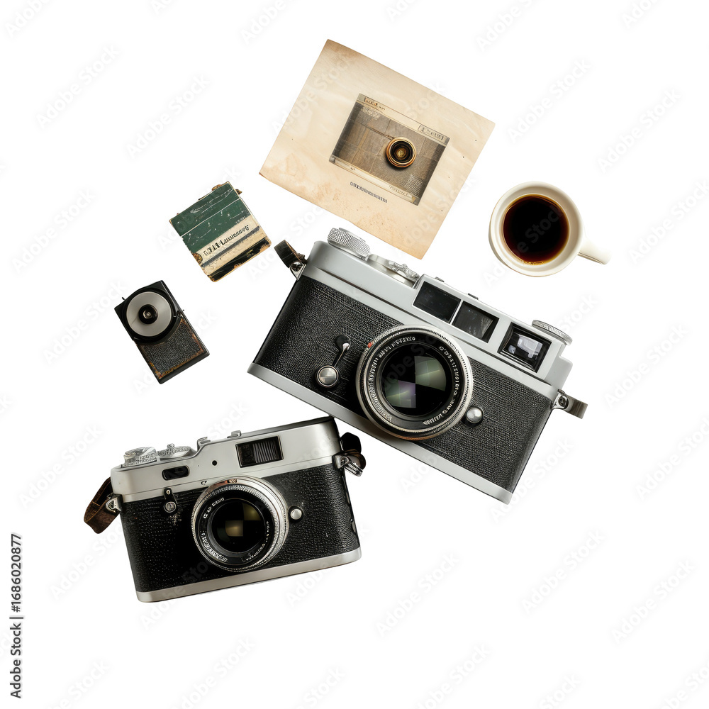 Fototapeta premium Vintage cameras, coffee cup, and old photographs in mid-air