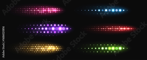 Colorful halftone shapes, glowing dynamic elements made from sparkling dots. Glowing vector illustration with spray effect.