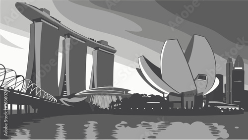 Stylized Cityscape Skyline Modern Architecture Waterfront View Monochromatic Design Urban Scene Grey Tones Architectural Illustration.