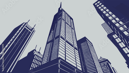 Stylized Cityscape Upward View of Modern Skyscrapers Urban Architecture Business Background Blue and Gray Tones.