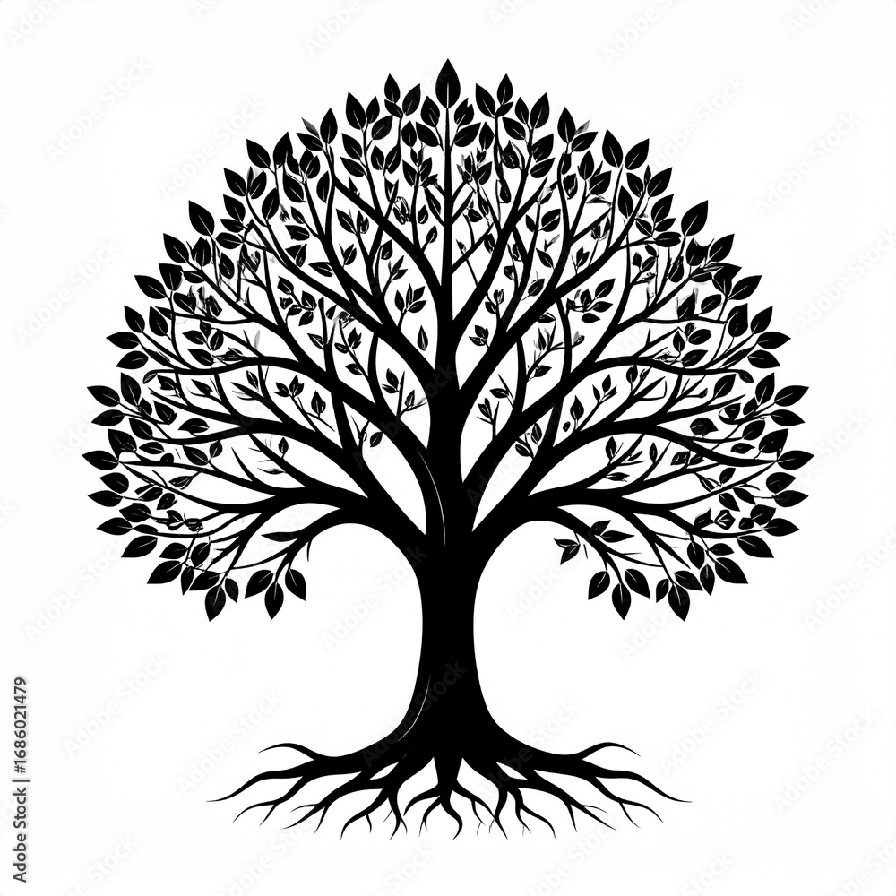 Fototapeta premium Stylized black tree silhouette with visible roots and branches