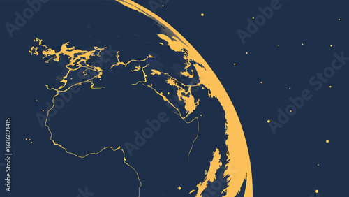 Stylized Earth from Space Night View Global Perspective Golden Hues Planet Illustration.