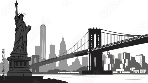 Stylized grayscale illustration of a city skyline featuring a famous statue a suspension bridge and skyscrapers.