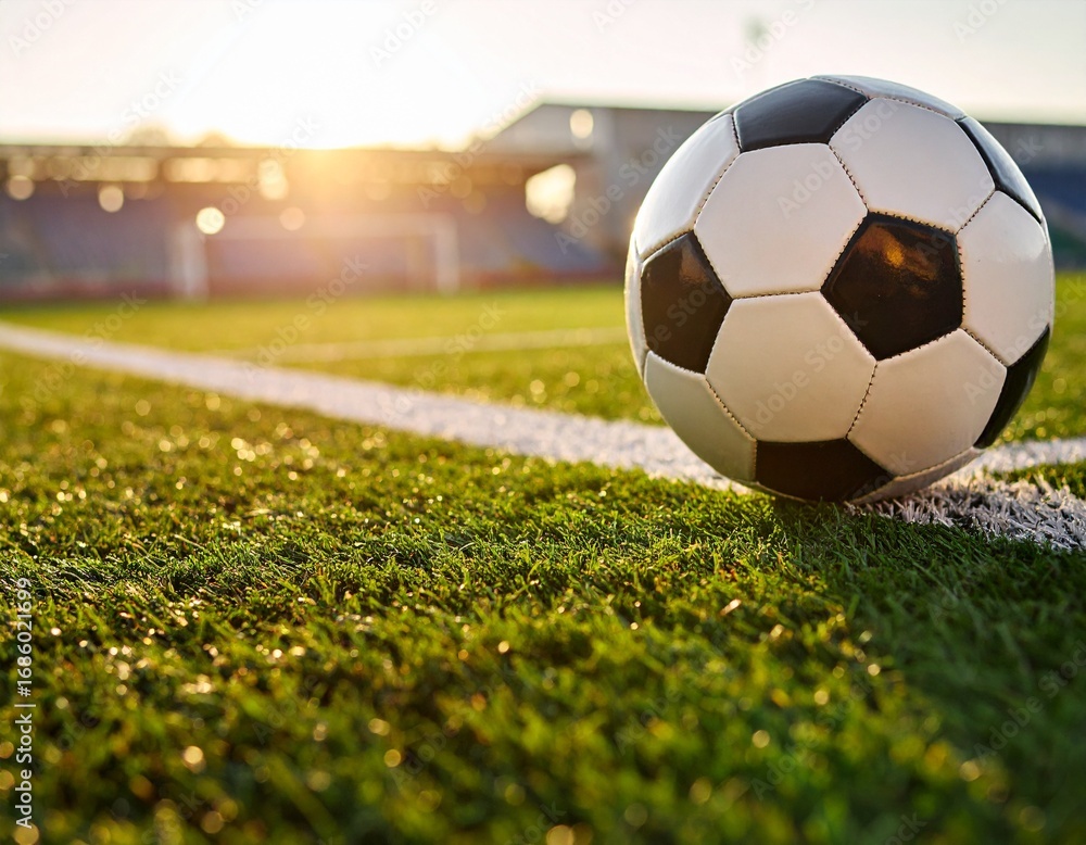 Fototapeta premium Traditional soccer ball on soccer field 