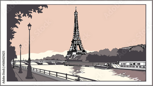 Stylized illustration of a cityscape at sunset featuring a river bridge and iconic tower.