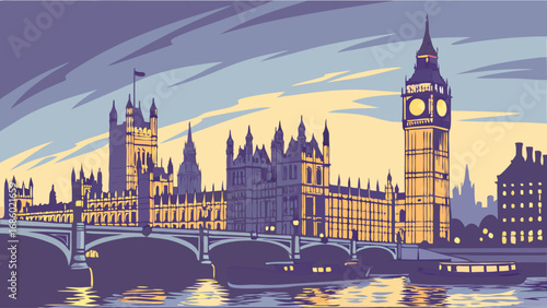 Stylized illustration of a famous clock tower and government building at twilight reflected in water with a bridge and boats.