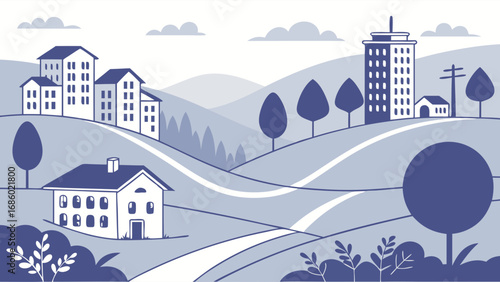 Stylized illustration of a serene countryside landscape with houses and hills.